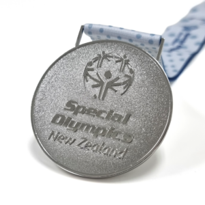 Silver Special Olympics Medal - 65mm, No Colour Enamel, V-Neck Ribbon, Bright Nickel Plated