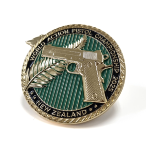 World Action Piston Championships Coin - 45mm, 5+ Colour Enamel, No FItting, Gold Plated, 3D