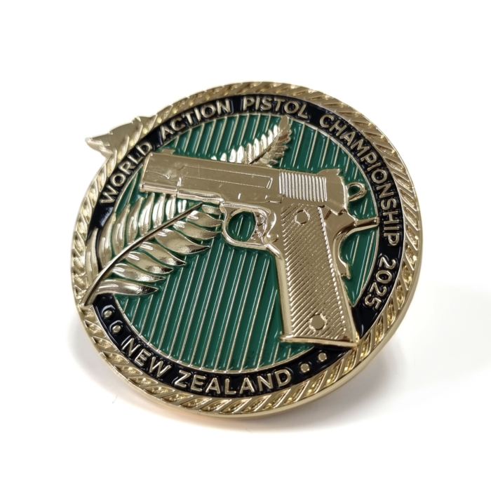 World Action Piston Championships Coin - 45mm, 5+ Colour Enamel, No FItting, Gold Plated, 3D