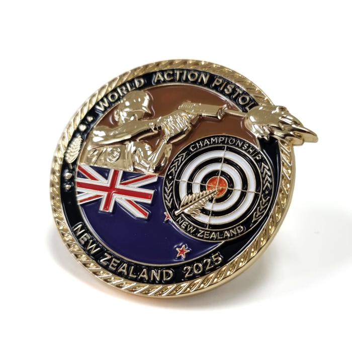 World Action Piston Championships Coin Back - 45mm, 5+ Colour Enamel, No FItting, Gold Plated, 3D