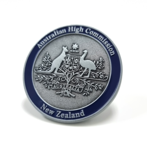 Australian High Commission NZ Coin - 50mm,  3 Colour Enamel, No Fitting, Antique Nickel Plated