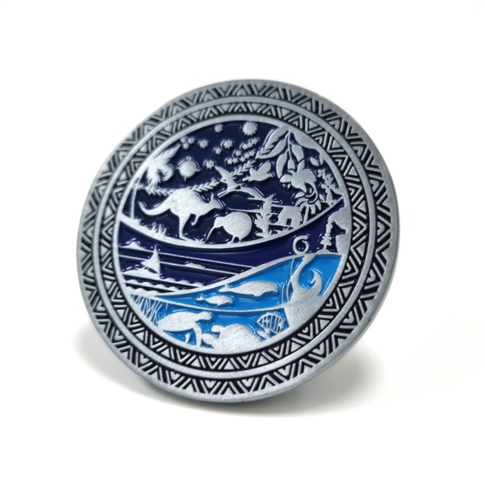 Australian High Commission NZ Coin Back - 50mm,  3 Colour Enamel, No Fitting, Antique Nickel Plated