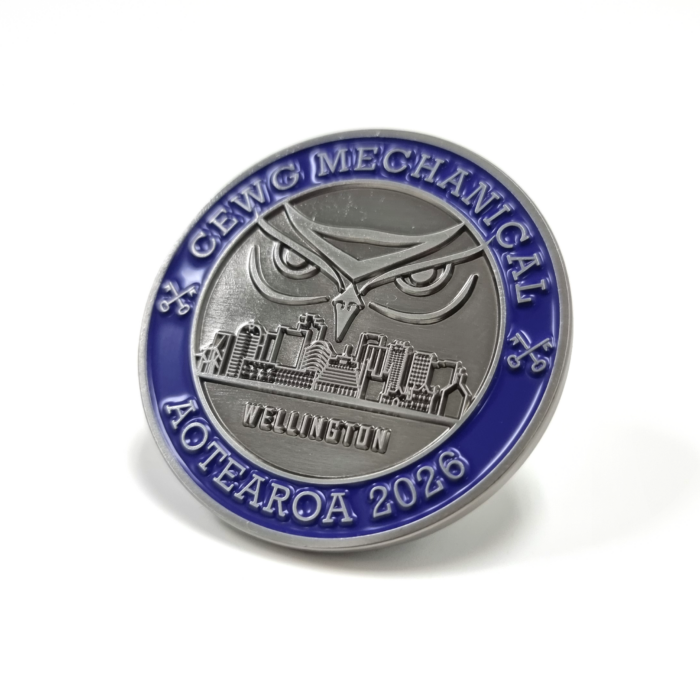 CEWG Mechanical Coin - 45mm,  1 Colour Enamel, No Fitting, Antique Nickel Plated