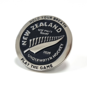 NZ UNderwater Hockey U19 Men's Squad Coin  - 45mm,  1 Colour Enamel, No Fitting, Bright Nickel Plated